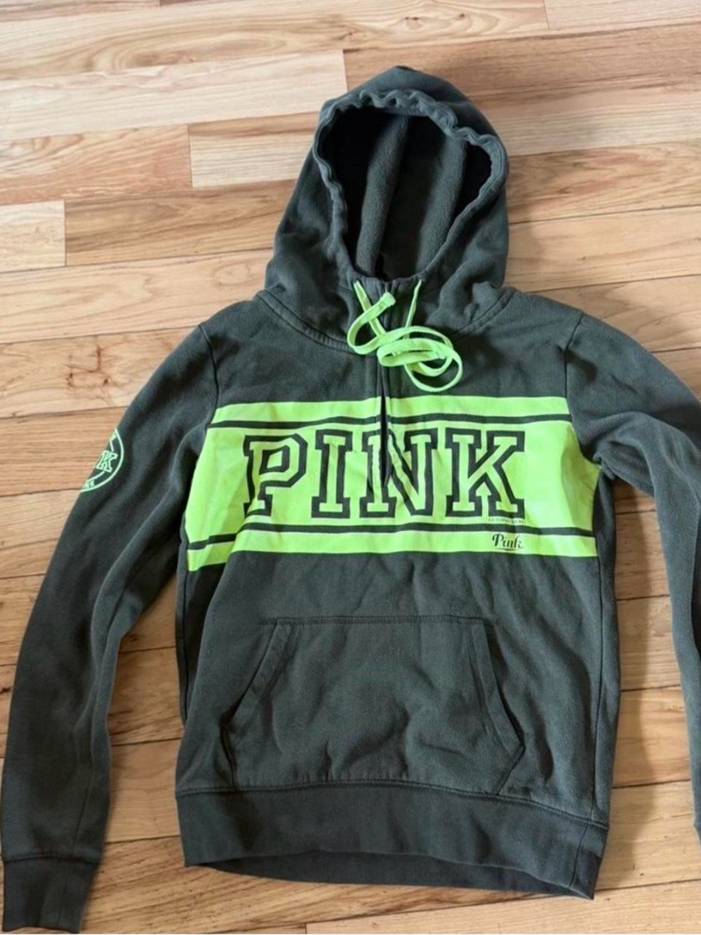 Victoria's Secret PINK Olive Green and Neon Lime Hoodie Sweatshirt